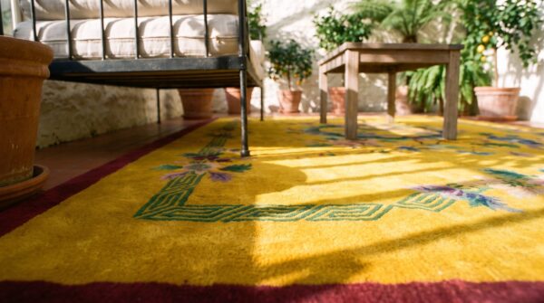 Antique art deco chinese medallion yellow 1920s rug 13 Antique art deco chinese medallion yellow 1920s rug (sku 24310) - in-room detail