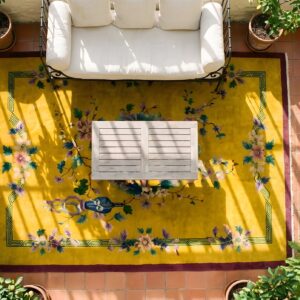 Antique Art Deco Chinese Medallion Yellow 1920s Rug (SKU 24310) - styled overhead view