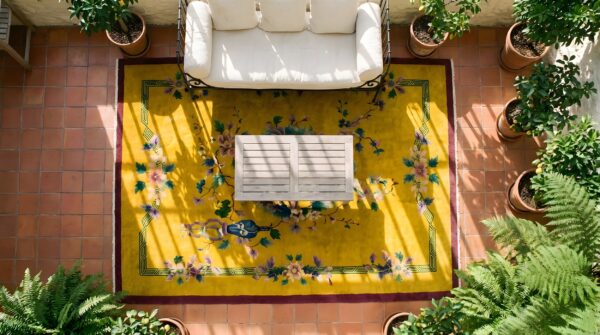 Antique art deco chinese medallion yellow 1920s rug 2 Antique art deco chinese medallion yellow 1920s rug (sku 24310) - styled overhead view