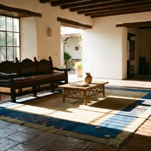Antique Art Deco Chinese Navy Blue Border Ivory Beige Cream Open Field Rug (SKU 24378) - styled overhead view