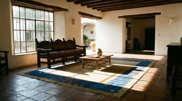 Antique art deco chinese navy blue border ivory beige cream open field rug 2 Antique art deco chinese navy blue border ivory beige cream open field rug (sku 24378) - styled overhead view