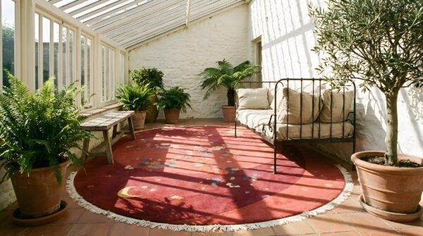 Antique art deco chinese oval rug with artistic swirl pattern in red 9 Antique art deco chinese oval rug with artistic swirl pattern in red (sku 24046) - room view