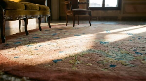 Antique art deco chinese oval coral area rug - artistic design (sku 24165) - in-room detail