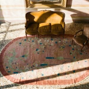 Antique Art Deco Chinese Oval Coral Area Rug - Artistic Design (SKU 24165) - styled overhead view