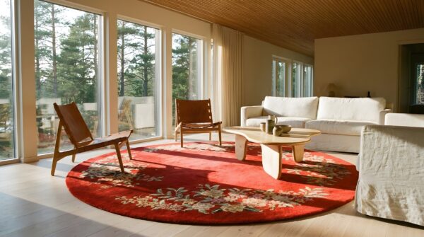 Antique art deco chinese hand knotted round pile red rug (sku 24026) - styled overhead view