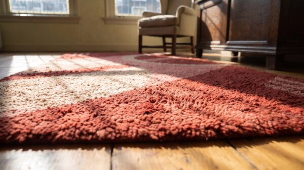 Antique art deco coral european english knotted rug 10 Antique art deco coral european english knotted rug (sku 25246) - in-room detail