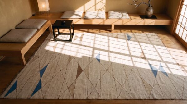 Antique art deco - european french flat weave rug (sku 21112) - styled overhead view