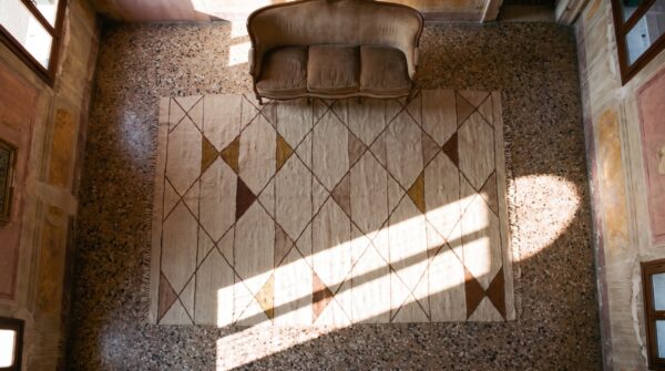 Antique art deco - european small scatter size wool ivory rug (sku 23274) - styled overhead view