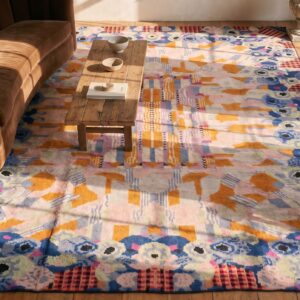 Antique Art Deco French Geometric Medallion Hand Knotted Pile Rug (SKU 22545) - styled overhead view
