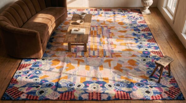 Antique art deco french geometric medallion hand knotted pile rug 2 Antique art deco french geometric medallion hand knotted pile rug (sku 22545) - styled overhead view