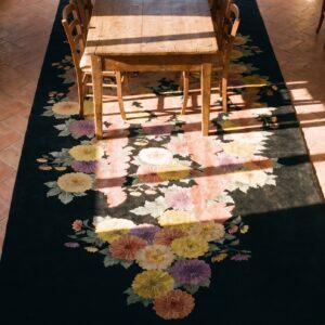 Antique Art Deco Large Hallway Runner Wool Black Rug (SKU 24280) - styled overhead view