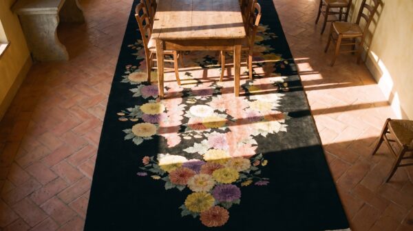 Antique art deco large hallway runner wool black rug 2 Antique art deco large hallway runner wool black rug (sku 24280) - styled overhead view