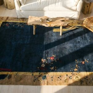Antique Art Deco Large Room Size Wool Blue Rug (SKU 24298) - styled overhead view