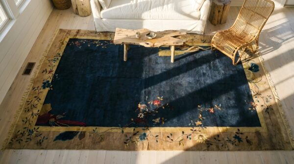 Antique art deco large room size wool blue rug (sku 24298) - styled overhead view