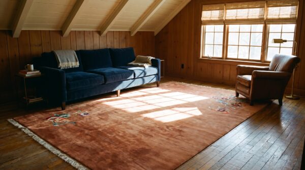 Antique art deco large room size wool coral rug 8 Antique art deco large room size wool coral rug (sku 24195) - room view