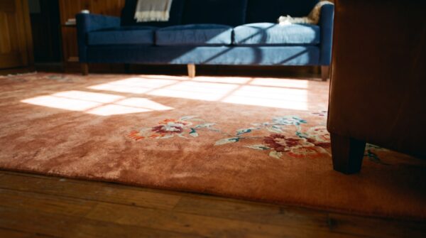 Antique art deco large room size wool coral rug 9 Antique art deco large room size wool coral rug (sku 24195) - in-room detail