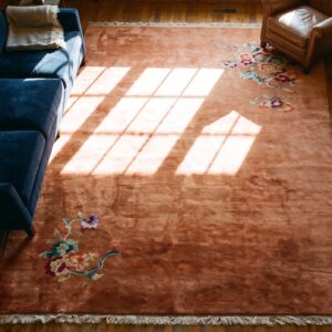 Antique Art Deco Large Room Size Wool Coral Rug (SKU 24195) - styled overhead view