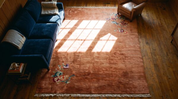 Antique art deco large room size wool coral rug 2 Antique art deco large room size wool coral rug (sku 24195) - styled overhead view