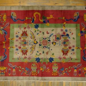 Antique Art Deco Large Room Size Wool Grey Rug (SKU 24117) - styled overhead view