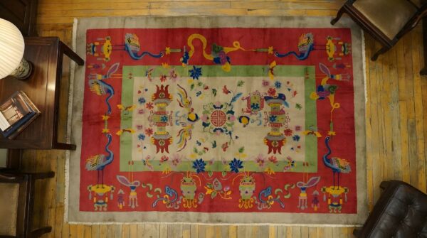 Antique art deco large room size wool grey rug 2 Antique art deco large room size wool grey rug (sku 24117) - styled overhead view