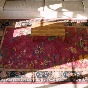 Antique Art Deco Large Room Size Wool Red Bird Design Rug (SKU 24292) - styled overhead view