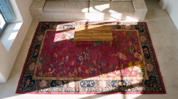 Antique art deco large room size wool red bird design rug 2 Antique art deco large room size wool red bird design rug (sku 24292) - styled overhead view