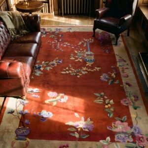 Antique Art Deco Large Room Size Wool Red Vase Design Rug (SKU 24376) - in-room detail