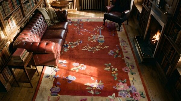 Antique art deco large room size wool red vase design rug 9 Antique art deco large room size wool red vase design rug (sku 24376) - in-room detail