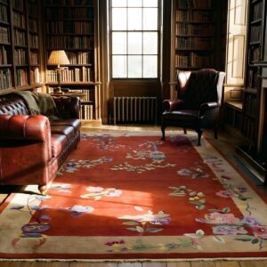 Antique Art Deco Large Room Size Wool Red Vase Design Rug (SKU 24376) - styled overhead view
