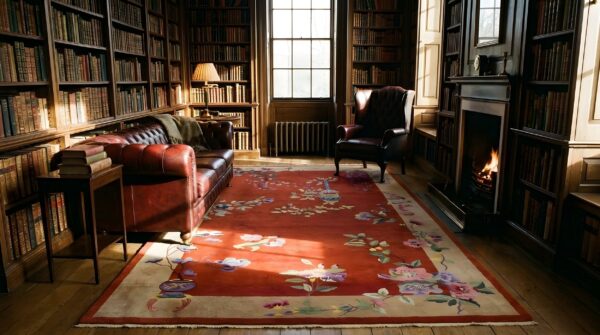 Antique art deco large room size wool red vase design rug 2 Antique art deco large room size wool red vase design rug (sku 24376) - styled overhead view