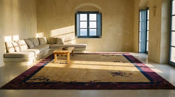 Antique art deco large room size wool yellow rug (sku 24065) - room view