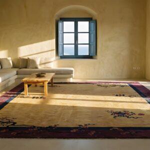 Antique Art Deco Large Room Size Wool Yellow Rug (SKU 24065) - styled overhead view
