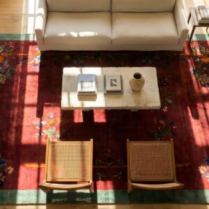 Antique Art Deco Medium Wool Red Rug (SKU 23871) - styled overhead view