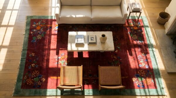 Antique art deco medium wool red rug 2 Antique art deco medium wool red rug (sku 23871) - styled overhead view
