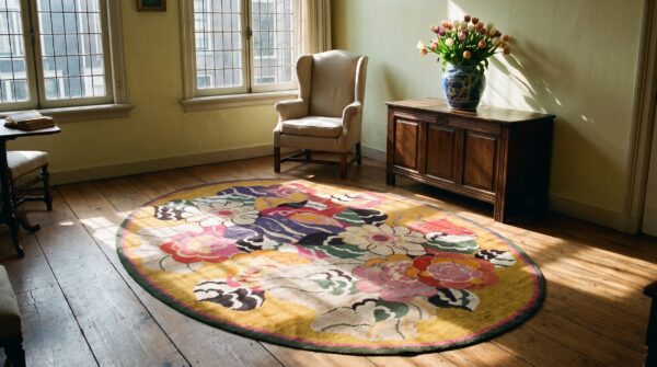 Antique art deco oval yellow european english floral knotted rug 7 Antique art deco oval yellow european english floral knotted rug (sku 24452) - room view