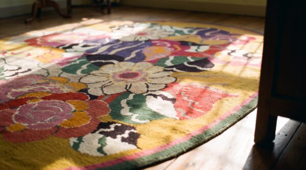 Antique art deco oval yellow european english floral knotted rug 8 Antique art deco oval yellow european english floral knotted rug (sku 24452) - in-room detail
