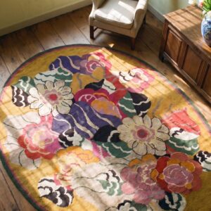 Antique Art Deco Oval Yellow European English Floral Knotted Rug (SKU 24452) - styled overhead view