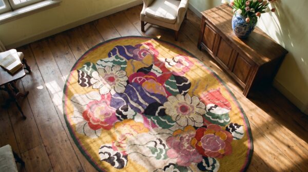 Antique art deco oval yellow european english floral knotted rug 2 Antique art deco oval yellow european english floral knotted rug (sku 24452) - styled overhead view