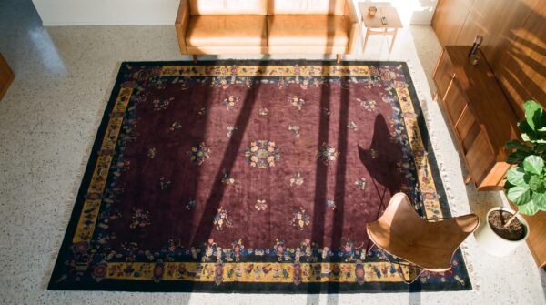 Antique art deco oversized large oversized big rug wool purple 2 Antique art deco oversized large oversized big rug wool purple (sku 24446) - styled overhead view