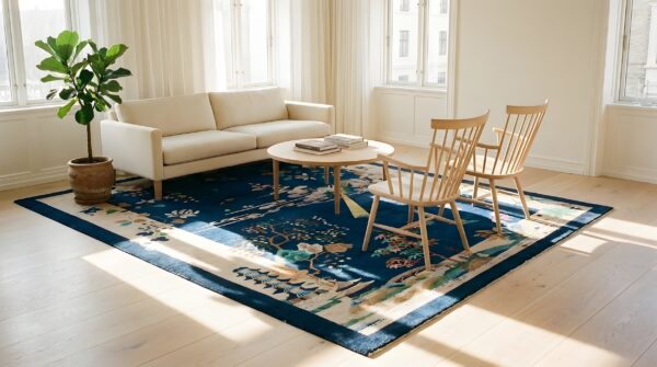 Antique art deco room size wool beige, navy rug 13 Antique art deco room size wool beige, navy rug (sku 24061) - in-room detail