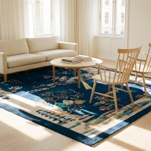 Antique Art Deco Room Size Wool Beige, Navy Rug (SKU 24061) - styled overhead view
