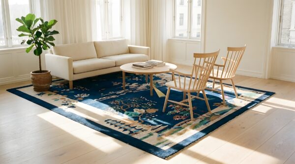 Antique art deco room size wool beige, navy rug 2 Antique art deco room size wool beige, navy rug (sku 24061) - styled overhead view