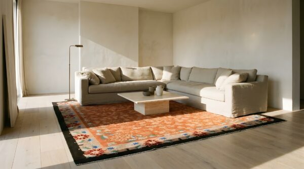 Antique art deco room size wool black coral chinese rug 2 Antique art deco room size wool black coral chinese rug (sku 23984) - styled overhead view