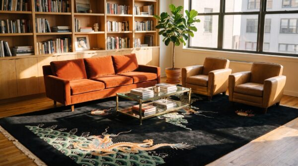 Antique art deco room size wool black dragon chinese rug 8 Antique art deco room size wool black dragon chinese rug (sku 23627) - room view