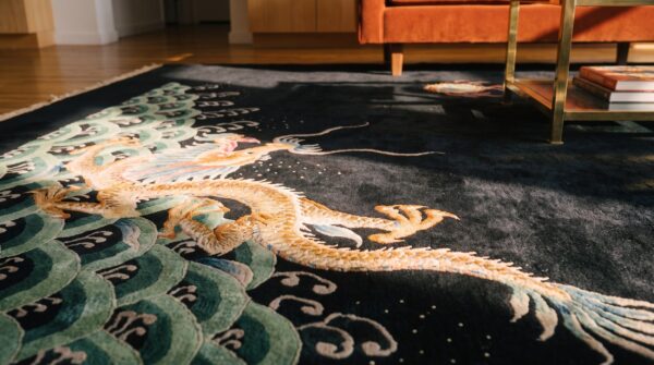 Antique art deco room size wool black dragon chinese rug 9 Antique art deco room size wool black dragon chinese rug (sku 23627) - in-room detail