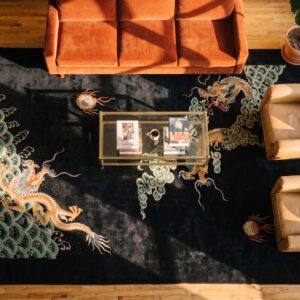 Antique Art Deco Room Size Wool Black Dragon Chinese Rug (SKU 23627) - styled overhead view