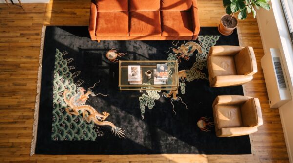 Antique art deco room size wool black dragon chinese rug 2 Antique art deco room size wool black dragon chinese rug (sku 23627) - styled overhead view