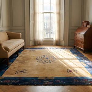 Antique Art Deco Room Size Wool Blue, Ivory Beige Cream White Rug (SKU 24602) - room view