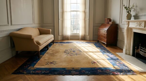 Antique art deco room size wool blue, ivory beige cream white rug (sku 24602) - room view