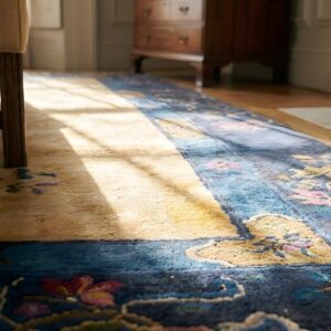 Antique Art Deco Room Size Wool Blue, Ivory Beige Cream White Rug (SKU 24602) - in-room detail